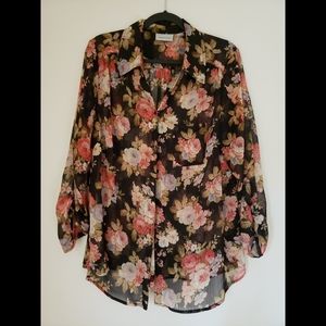Sheer Button Up Floral Print Blouse